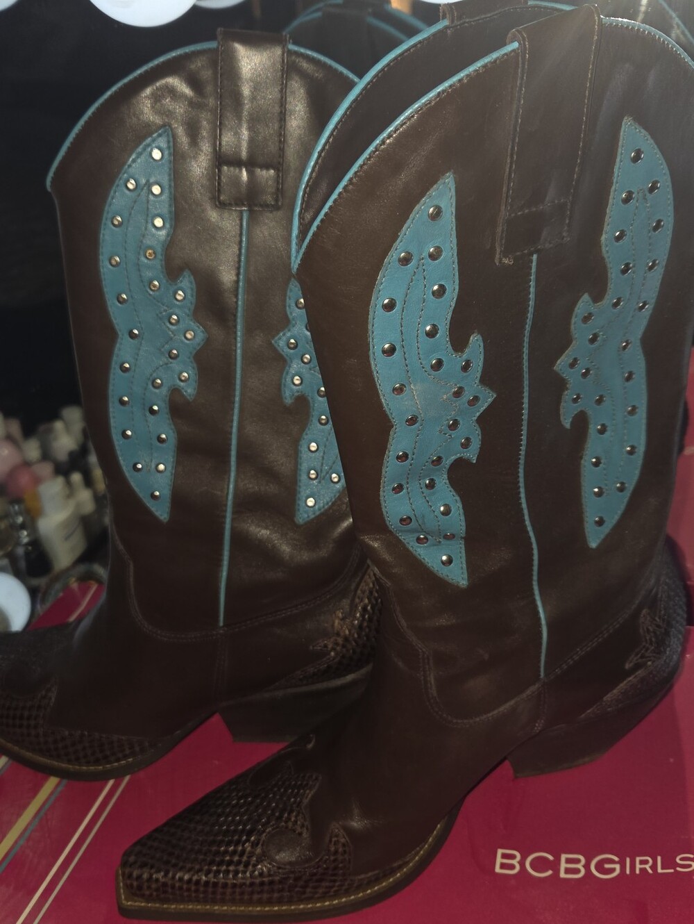 BCBGirls Brown Leather Cowboy Boots with Teal Accents and Studs